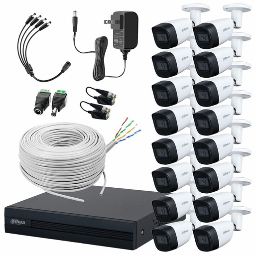 Dahua DHT0250011 Kit de CCTV 16 Cámaras 2 MP Metálicas con Audio + Bobina de Cable UTP Cat53 con Transceptores Kit de Video Vigilancia Detección de Movimiento y Cámaras de Seguridad