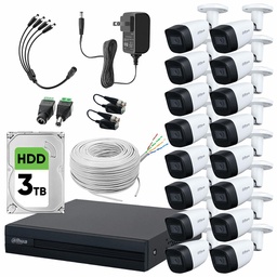 Dahua DHT0250011 Kit de Video Vigilancia 16 Cámaras 2 MP Metálicas con Micrófono 3 TB de Disco Duro + Bobina de Cable UTP Cat53 Cámaras de Seguridad con Detección de Movimiento Circuito Cerrado