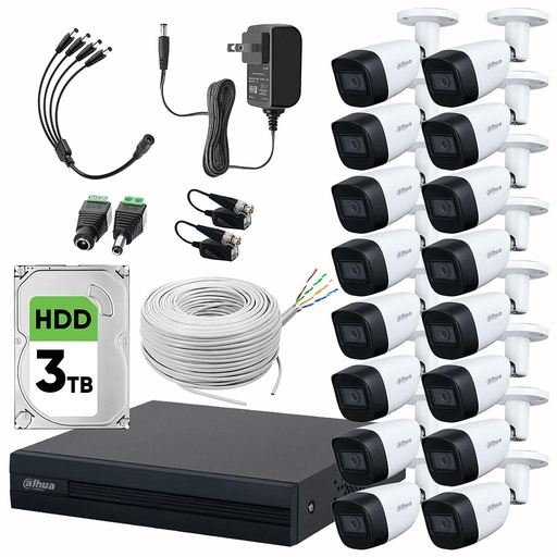 Dahua DHT0250011 Kit de Video Vigilancia 16 Cámaras 2 MP Metálicas con Micrófono 3 TB de Disco Duro + Bobina de Cable UTP Cat53 Cámaras de Seguridad con Detección de Movimiento Circuito Cerrado