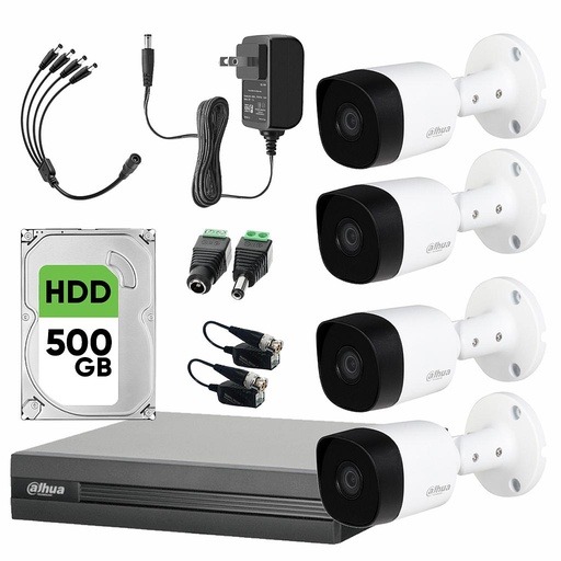 Dahua DHT0250012 Kit de Video Vigilancia 4 Cámaras Metálicas 5 MP + Disco Duro de 500 GB y Transceptores Circuito Cerrado con Detección de Movimento