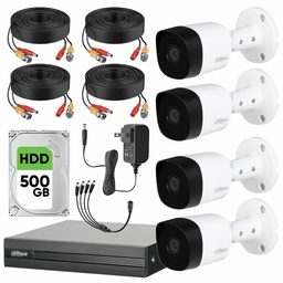 Dahua DHT0250012 Kit CCTV 4 Cámaras Metálicas 5 MP y Accesorios + Disco Duro de 500 GB y Video Vigilancia con Detección de Movimento de Alta Resolución