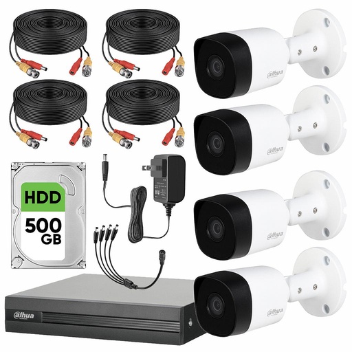 Dahua DHT0250012 Kit CCTV 4 Cámaras Metálicas 5 MP y Accesorios + Disco Duro de 500 GB y Video Vigilancia con Detección de Movimento de Alta Resolución