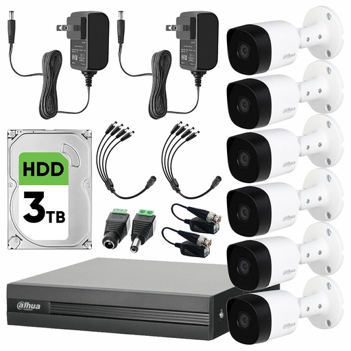 Dahua DHT0250012 Kit CCTV de 6 Cámaras Metálicas 5 MP + Disco Duro de 3 TB y Transceptores Cámaras de Seguridad con Detección de Movimento Video Vigilancia