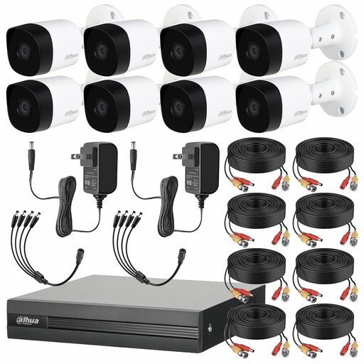 Dahua DHT0250012 Kit de Video Vigilancia 8 Cámaras 5 Mp Metalicas con Microfono Integrado + Accesorios Cámaras de Seguridad con Busqueda Inteligente de Alta Resolución