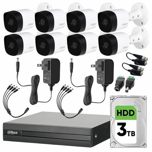 Dahua DHT0250012 Kit CCTV de 8 Cámaras Metálicas 2 MP + Disco Duro de 3 TB y Transceptores Cámaras de Seguridad con Detección de Movimento Video Vigilancia