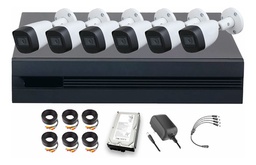 Dahua DHT0250013 Kit de 6 Cámaras de seguridad Metálicas Exterior KITXVR5104HS4KLI3-6CCC3 + Accesorios 5 MP 3 TB Microfono Integrado Circuito Cerrado Facil Instalación Busqueda de Humanos KITXVR5104HS4KLI3 CCTV