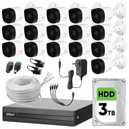 Dahua DHT0260003 Kit de Video Vigilancia 16 Cámaras 2 MP Metálicas 3 TB de Disco Duro + Bobina de Cable UTP Cat53 Cámaras de Seguridad con Detección de Movimiento Circuito Cerrado
