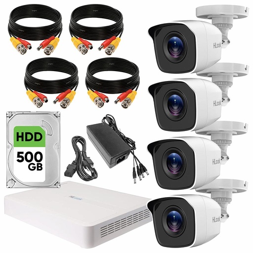 Hilook KIT7204BM Kit de Video Vigilancia Turbo HD 4 Cámaras Metálicas 720p Disco Duro de 500 GB + Accesorios Cámaras de Seguridad de Alta Resolución con Visión Nocturna CCTV
