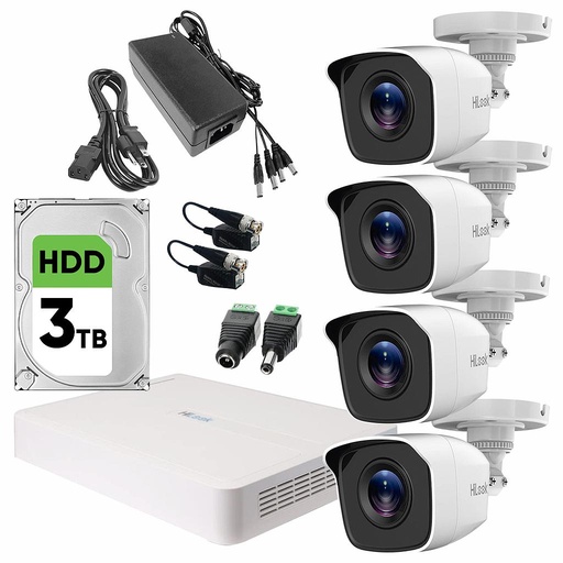 Hilook KIT7204BM Kit CCTV Turbo HD de 4 Cámaras Metálicas 720p + Disco Duro3 TB Kit Video Vigilancia de Alta Resolución con Visión Nocturna