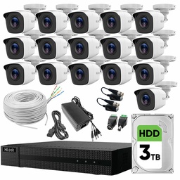 Hilook KIT7204BM Kit de CCTV 16 Cámaras Turbo HD Metálicas Bobina de Cable UTP Cat53 + HDD 3 TB con Transceptores Kit de Video Vigilancia Detección de Movimiento y Cámaras de Seguridad