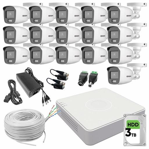 Epcom B8-KIT-CV/A Kit Video Vigilancia  16 Cámaras 2 Mp Color Vu Micrófono Integrado HDD 3 TB + Bobina de Cable UTP Cat5e 305 mts + Transceptores Cámaras de Seguridad Visión a Color 24/7
