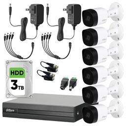 Dahua DHT0260003 Kit de Video Vigilancia 6 Cámaras 2 Mp Metalicas Disco Duro de 3 TB + Transceptores Kit CCTV con Busqueda Inteligente de Alta Resolución