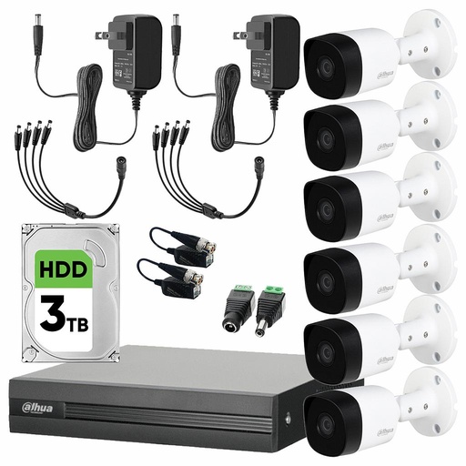 Dahua DHT0260003 Kit de Video Vigilancia 6 Cámaras 2 Mp Metalicas Disco Duro de 3 TB + Transceptores Kit CCTV con Busqueda Inteligente de Alta Resolución