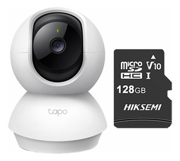 TP-LINK Cámara de seguridad panorámica TAPO-C210-PLUS-128 Con MicroSD 128GB 3MP Grabación de Vídeo 2K Visión nocturna Detección de movimiento y notificaciones Audio bidireccional Control por voz C210 compatible con Asistente de Google y Alexa