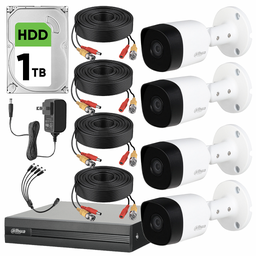 Dahua DHT0250019 Kit de Videovigilancia 4 Cámaras KITXVR1B04-I-4CC-1TB Cámaras de Seguridad Exterior Alta Resolución con Sensor de Reconocimiento Circuito Cerrado KITXVR1B04-I CCTV + HDD 1TB