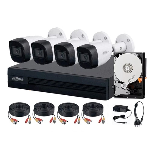 Kit de Videovigilancia Cronos 4 Cámaras Dahua Bala B2A21N-U-IL-A 2MP Metálica con Micrófono Integrado + Disco Duro 1TB + Cables + Accesorios - Kit CCTV B2A21N-U-IL-A-MED-CC (DVR DH-XVR1B04-I Circuito Cerrado)