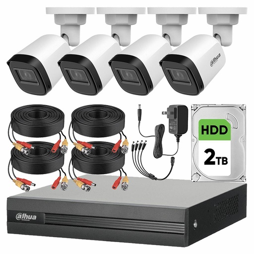 Dahua DHT0250010 Kit CCTV 4 Cámaras 2 Mp  + Disco Duro 2tb Kit de Video Vigilancia con Accesorios Incluidos Cámaras de Seguridad con Detección de Movimiento DH-KIT4CH-2MP-PLUS-2TB4CC