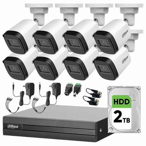 Dahua DHT0250010 Kit de Video Vigilancia 8 Cámaras de Seguridad 2 Mp con HDD 2 TB + Transceptores / Circuito Cerrado con Detección de Movimiento en Alta Resolución DH-KIT8CH-2MP-PLUS-2TBSC