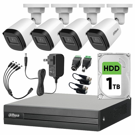 Dahua Kit CCTV DHT0250010 4 Cámaras 2 Mp  + Disco Duro 1tb Kit de Video Vigilancia con Accesorios Incluidos Cámaras de Seguridad con Detección de Movimiento DH-KIT4CH-2MP-PLUS-1TB4SC