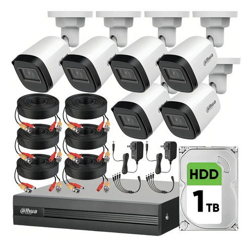 Dahua DHT0250010 Kit de Video Vigilancia 6 Cámaras 2 MP + Disco Duro 1TB  Cámaras de Seguridad  Alta Resolución Circuito Cerrado con Detección de Movimiento DH-KIT8CH-2MP-PLUS-1TB6CC