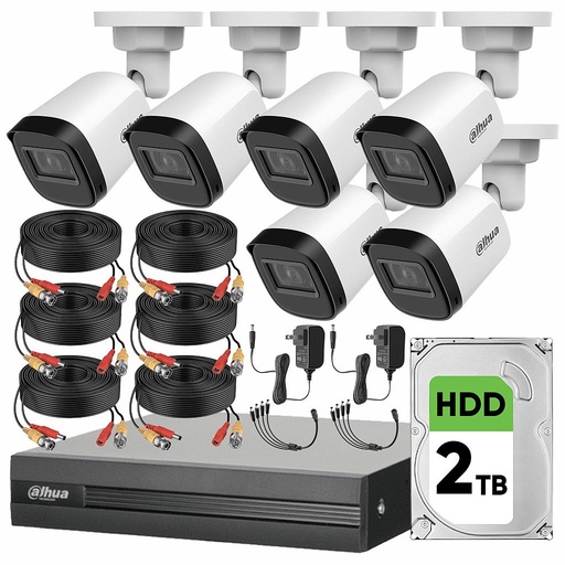 Dahua DHT0250010 Kit de Video Vigilancia 6 Cámaras 2 MP + Disco Duro 2TB  Cámaras de Seguridad  Alta Resolución Circuito Cerrado con Detección de Movimiento DH-KIT8CH-2MP-PLUS-2TB6CC
