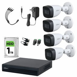 Kit de Videovigilancia Cronos 4 Cámaras Dahua Bala B2A21N-U-IL-A 2MP Metálica con Micrófono Integrado + Disco Duro 1TB + Baluns + Accesorios - Kit CCTV B2A21N-U-IL-A-MED-SC (DVR DH-XVR1B04-I Circuito Cerrado)