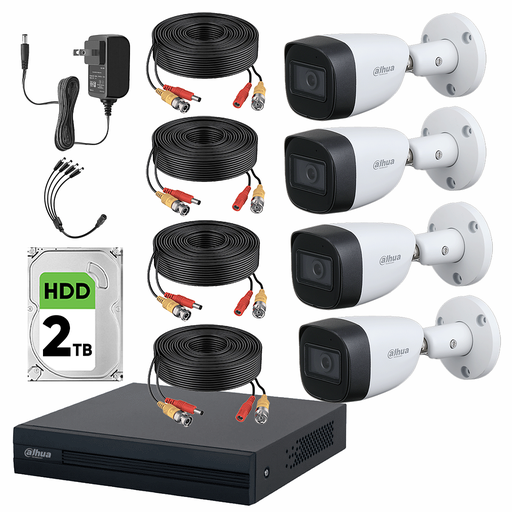 Dahua DHT0250011 Kit de Video Vigilancia 4 Cámaras Metalicas de 2 Mp con Microfono Integrado + 2TB Disco Duro + Accesorios Cámaras de Seguridad  con Busqueda Inteligente de Alta Resolución DH-KIT-MET4CH-PLUS-2BCC