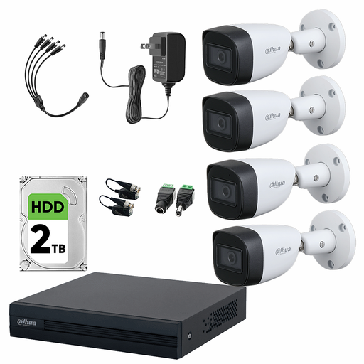 Dahua DHT0250011 Kit de Video Vigilancia 4 Cámaras Metalicas de 2 Mp con Microfono Integrado + 2TB Disco Duro + Accesorios Cámaras de Seguridad  con Busqueda Inteligente de Alta Resolución DH-KIT-MET4CH-PLUS-2BSC