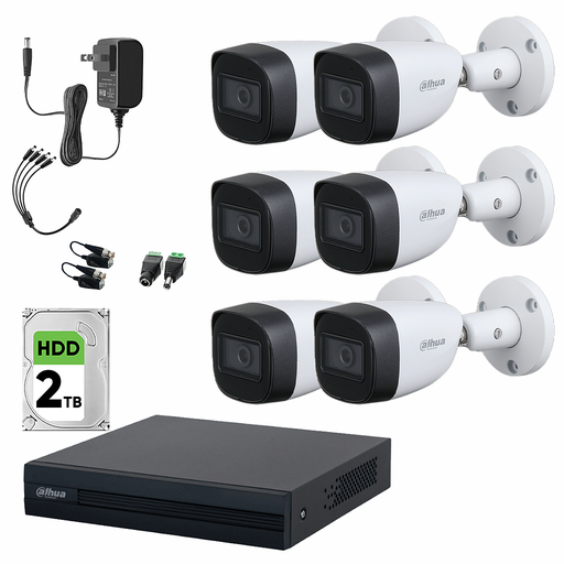 Dahua DHT0250011 Kit de Circuito Cerrado 6 Cámaras Metalicas con Microfono Integrado + 2TB Disco Duro y Transceptores Kit de Video Vigilancia con Busqueda Inteligente de Alta Resolución DH-KIT-MET6CH-PLUS2TBSC