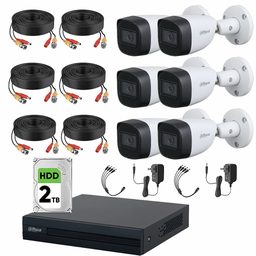 Kit de Videovigilancia Cronos 6 Cámaras Dahua Bala HFW1200CM 2MP Metálica con Micrófono Integrado + Disco Duro 2TB + Cables + Accesorios - Kit CCTV HFW1200CM-MED-CC (DVR DH-XVR1B08-I Circuito Cerrado)