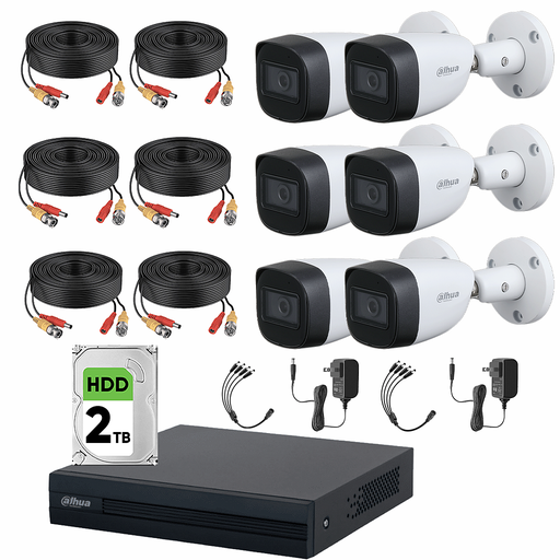 Kit de Videovigilancia Cronos 6 Cámaras Dahua Bala HFW1200CM 2MP Metálica con Micrófono Integrado + Disco Duro 2TB + Cables + Accesorios - Kit CCTV HFW1200CM-MED-CC (DVR DH-XVR1B08-I Circuito Cerrado)