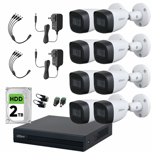Kit de Videovigilancia Cronos 8 Cámaras Dahua Bala HFW1200CM 2MP Metálica con Micrófono Integrado + Disco Duro 2TB + Balums + Accesorios - Kit CCTV HFW1200CM-LOW-SC (DVR DH-XVR1B08-I Circuito Cerrado)