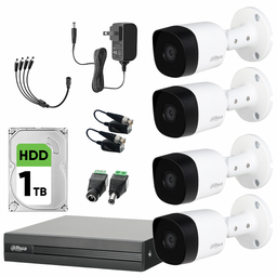 Dahua DHT0250012 Kit de Video Vigilancia 4 Cámaras Metálicas 5 MP + Disco Duro de 1 TB  y Transceptores Circuito Cerrado con Detección de Movimento DH-KIT5MP-PLUS2-1TB-SC