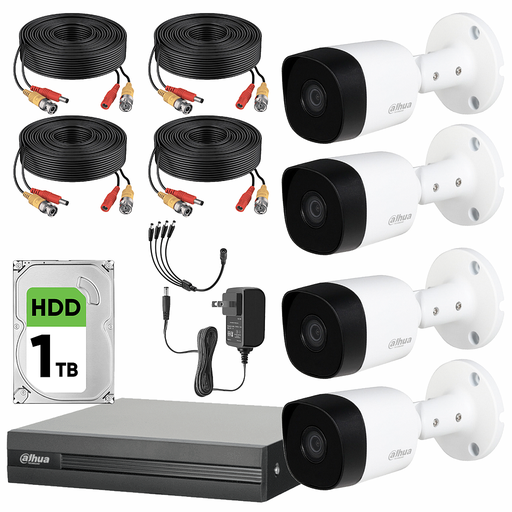 Dahua DHT0250012 Kit de Video Vigilancia 4 Cámaras Metálicas 5 MP + Disco Duro de 1 TB   Circuito Cerrado con Detección de Movimento DH-KIT5MP-PLUS2-1TB-CC
