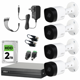 Dahua DHT0250012 Kit de Video Vigilancia 4 Cámaras Metálicas 5 MP + Disco Duro de 2 TB  y Transceptores Circuito Cerrado con Detección de Movimento DH-KIT5MP-PLUS2-2TB-SC