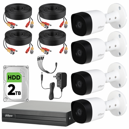 Dahua DHT0250012 Kit de Video Vigilancia 4 Cámaras Metálicas 5 MP + Disco Duro de 2TB   Circuito Cerrado con Detección de Movimento DH-KIT5MP-PLUS2-2TB-CC