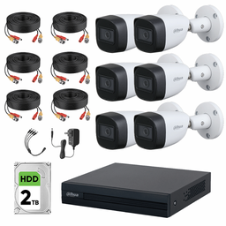 Dahua DHT0250013 Kit de Circuito Cerrado 6 Cámaras Metalicas 5MP  + Disco Duro 2TB  Kit de Video Vigilancia con Busqueda Inteligente de Alta Resolución