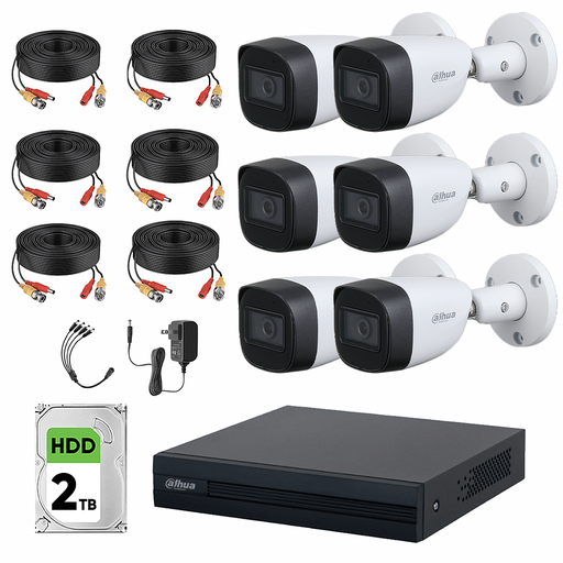 Dahua DHT0250013 Kit de Circuito Cerrado 6 Cámaras Metalicas 5MP  + Disco Duro 2TB  Kit de Video Vigilancia con Busqueda Inteligente de Alta Resolución