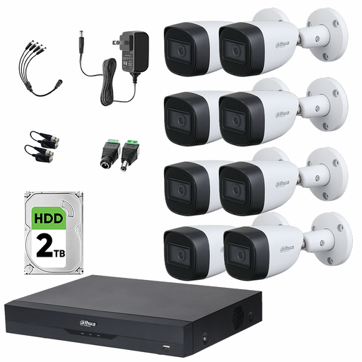 Dahua DHT0250013 Kit de 8 Cámaras de seguridad Metálicas Exterior  + Accesorios 5 MP 2 TB Microfono Integrado Circuito Cerrado Facil Instalación Busqueda de Humanos KITXVR5104HS4KLI3-8CSC2TB