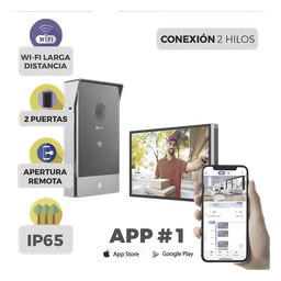 Videoportero IP Conexión a 2 Hilos / Con Monitor Wi-Fi para Interior / Frente de Calle IP65 Uso Exterior Protegido / Cámara 3 Megapíxel / Llamada a la App / Apertura remota / Soporta 2 Puertas / Ranura para Micro SD