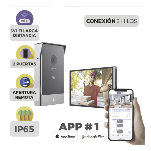 Videoportero IP Conexión a 2 Hilos / Con Monitor Wi-Fi para Interior / Frente de Calle IP65 Uso Exterior Protegido / Cámara 3 Megapíxel / Llamada a la App / Apertura remota / Soporta 2 Puertas / Ranura para Micro SD