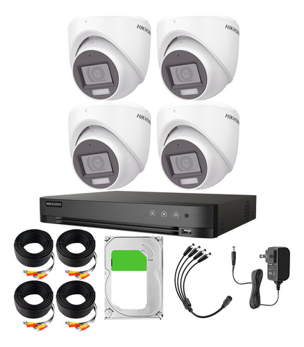 Hikvision Kit de 4 Cámaras de Seguridad Metálicas Turret TURBOHD Con Micrófono Integrado 3K 5MP Dual Light Protección IP67 Exterior + DVR 8 MP 4 Canales TURBOHD + 4 Canales IP + 1TB HDD Modelo IDS2CE76K0T-PLUS+1TB IDS-7204HUHI-M1/S
