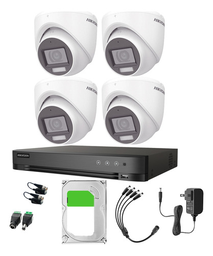 Hikvision Kit de 4 Cámaras de Seguridad Metálicas Turret TURBOHD Con Micrófono Integrado 3K 5MP Dual Light Protección IP67 Exterior + DVR 8 MP 4 Canales TURBOHD + 4 Canales IP + 1TB HDD Modelo IDS2CE76K0T-PLUS-SC+1TB IDS-7204HUHI-M1/S
