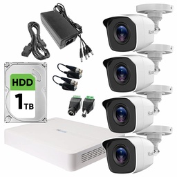 Hilook KIT7204BM Kit CCTV Turbo HD 4 Cámaras Metálicas 720p + Disco Duro 1 TB / Cámaras de Seguridad de Alta Resolución con Visión Nocturna Video Vigilancia