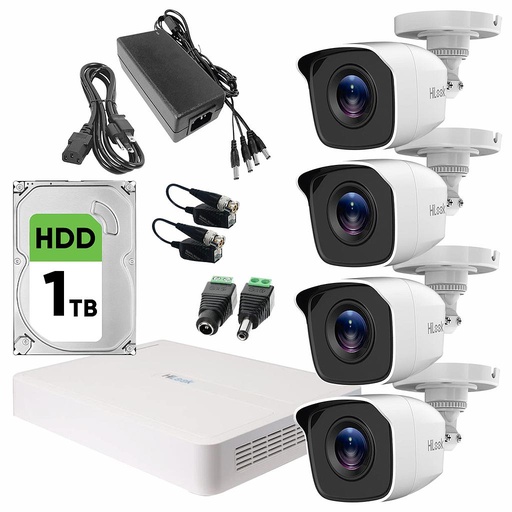 Hilook KIT7204BM Kit CCTV Turbo HD 4 Cámaras Metálicas 720p + Disco Duro 1 TB / Cámaras de Seguridad de Alta Resolución con Visión Nocturna Video Vigilancia