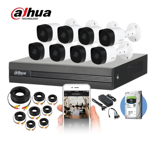 Dahua Kit de Video Vigilancia 8 Cámaras de Seguridad 2 Mp con HDD  1TB Accesorios Incluidos Circuito Cerrado con Detección de Movimiento en Alta Resolución DH-KIT8CH-2MP-PLUS-2TBCC