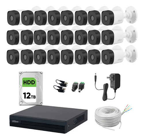 Dahua DHT0250019 Kit de Videovigilancia 24 Cámaras KITXVR1B04-I-24CC12 Cámaras de Seguridad Exterior + Disco Duro 12TB Alta Resolución con Sensor de Reconocimiento Circuito Cerrado