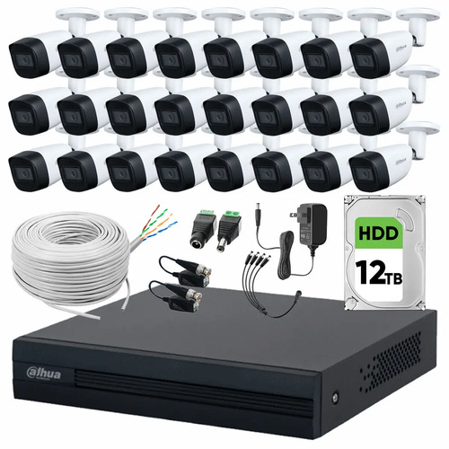 Dahua DHT0250011 Kit de Video Vigilancia 24 Cámaras 2 MP Metálicas con Micrófono 12 TB de Disco Duro + Bobina de Cable UTP Cat53 Cámaras de Seguridad con Detección de Movimiento Circuito Cerrado