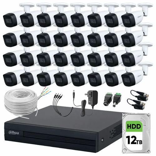 Dahua DHT0250011 Kit de Video Vigilancia 32 Cámaras 2 MP Metálicas con Micrófono 12 TB de Disco Duro + Bobina de Cable UTP Cat53 Cámaras de Seguridad con Detección de Movimiento Circuito Cerrado