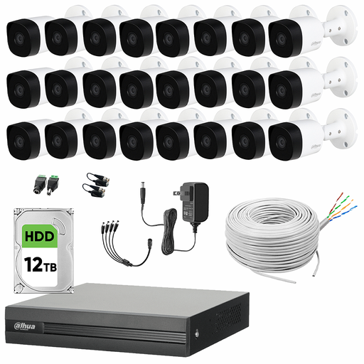 Dahua Kit deVideo Vigilancia 24 Cámaras 5 MP Metálicas 12TB de Disco Duro + Bobina de Cable UTP Cat53 Cámaras de Seguridadcon Detección de Movimiento Circuito Cerrado